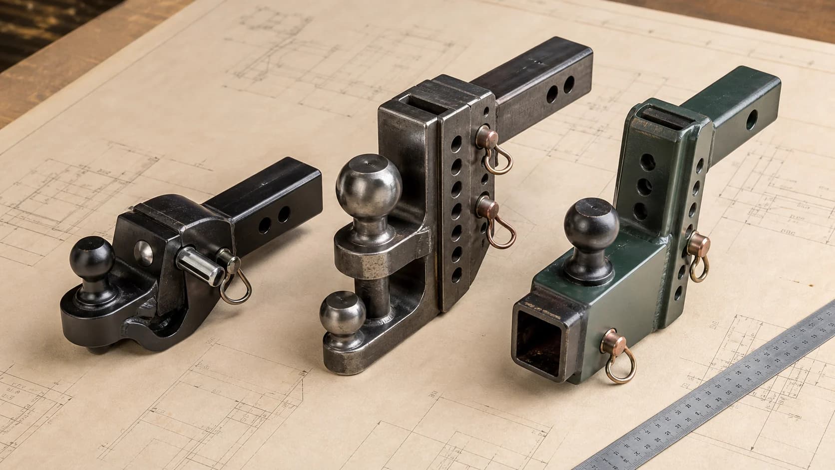 Original editorial still life of three generic adjustable trailer ball mounts on a technical workbench