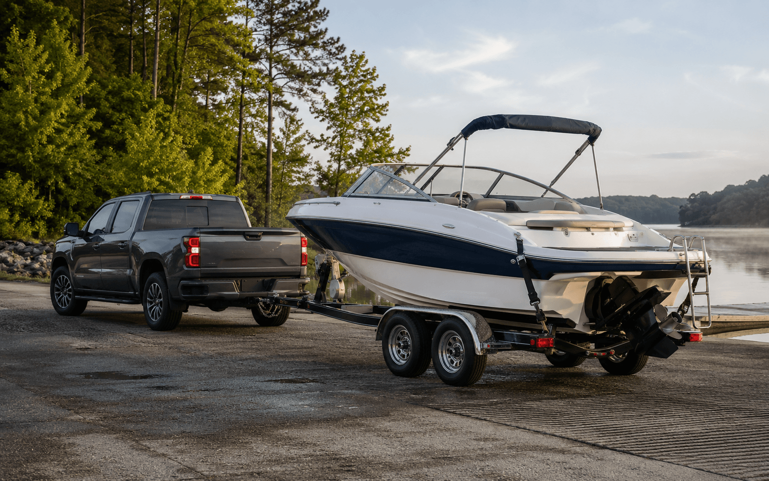 Boat secured to a tandem-axle trailer behind a pickup