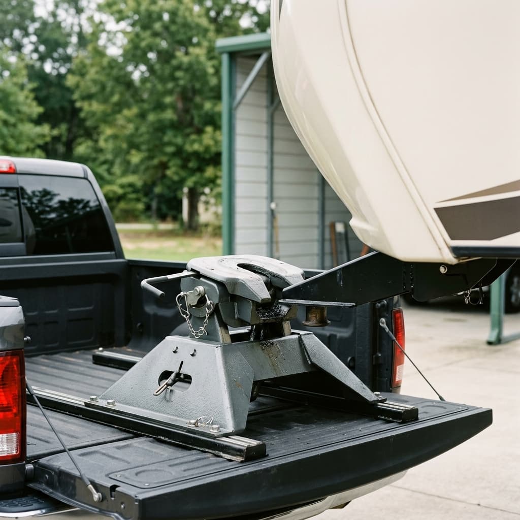 Heavy duty pickup bed connected to a fifth wheel trailer hitch