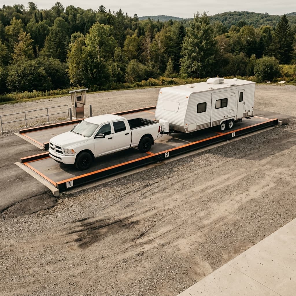 Pickup and trailer aligned across scale platforms