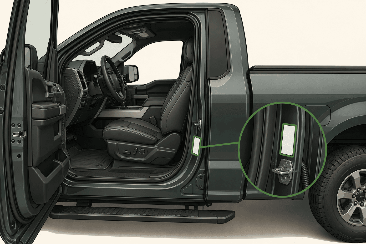 Highlighted certification-label location inside a pickup driver door