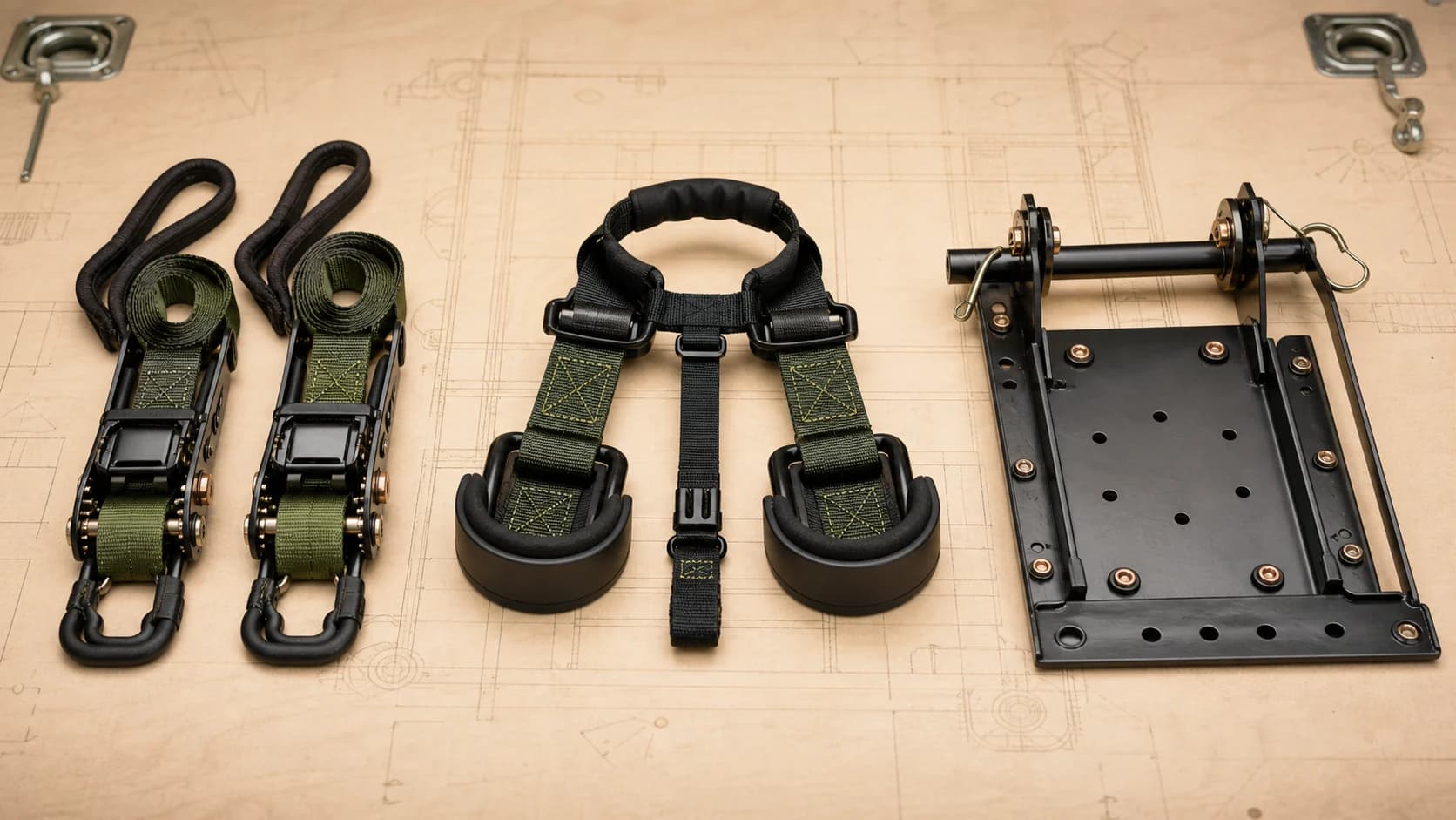Original editorial still life of generic motorcycle ratchet straps, handlebar harness, and rear-axle restraint