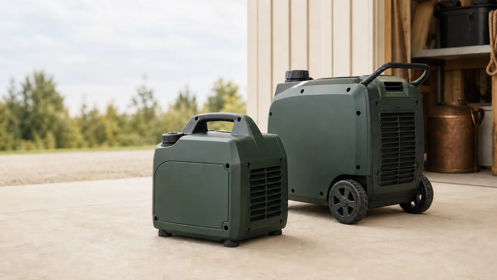 Two generic enclosed portable inverter generators shown from a plain rear-side angle without branding or controls