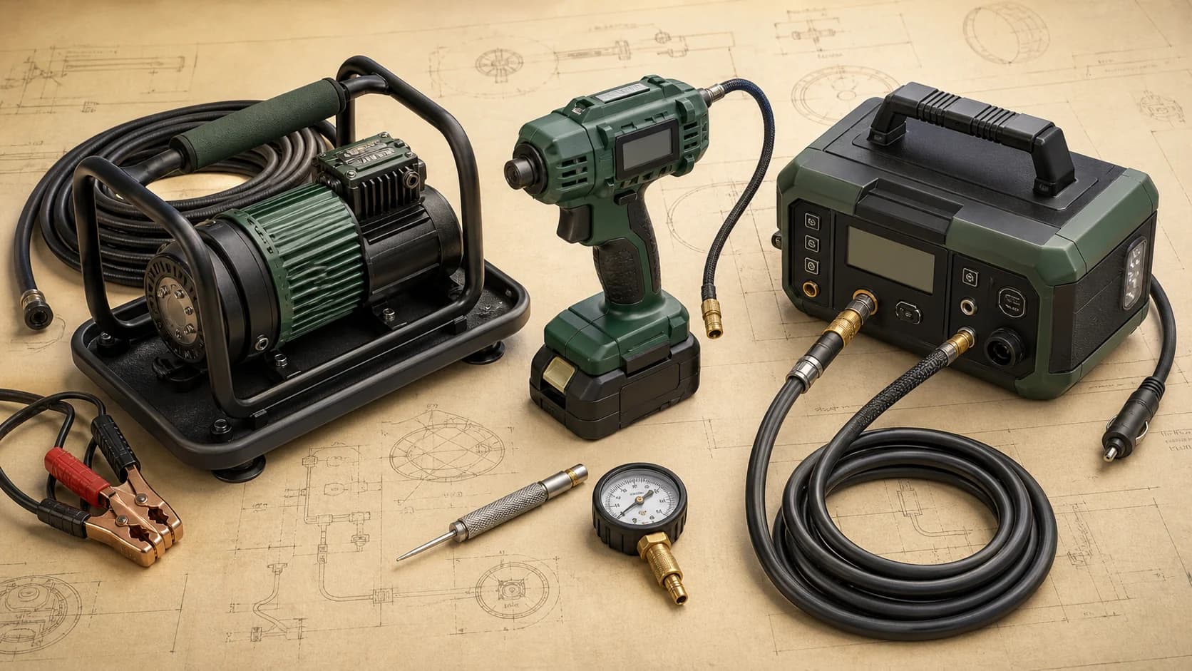 Original editorial still life of three generic portable tire inflator formats with hoses and gauge