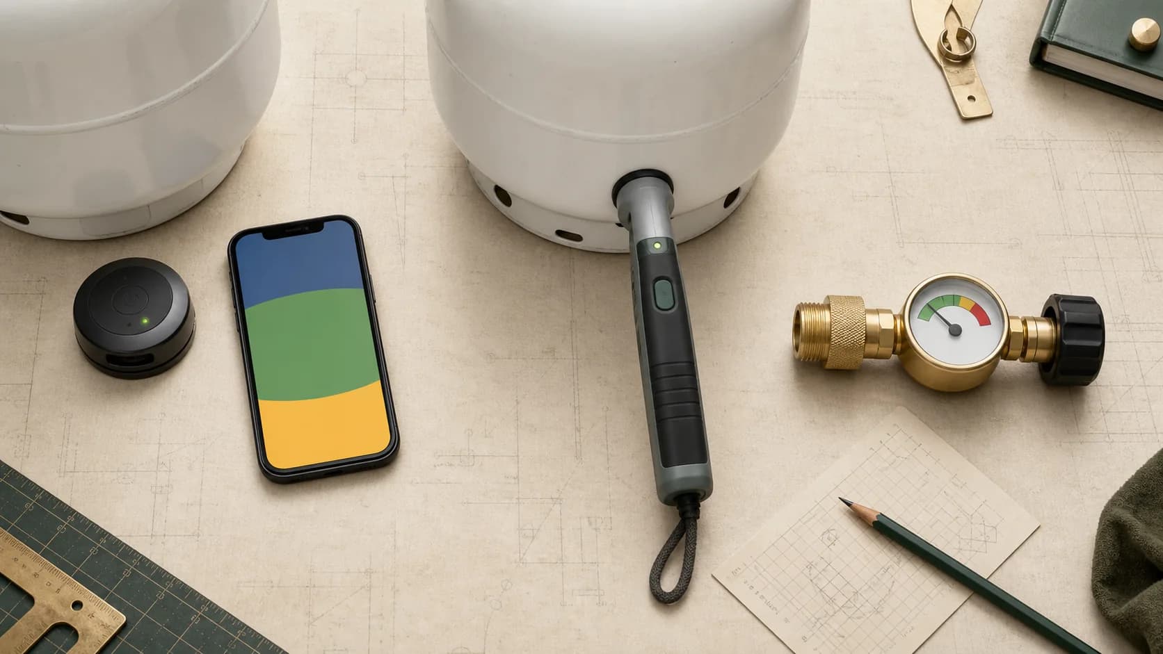Original editorial still life of three generic propane-level measuring formats beside an unbranded cylinder