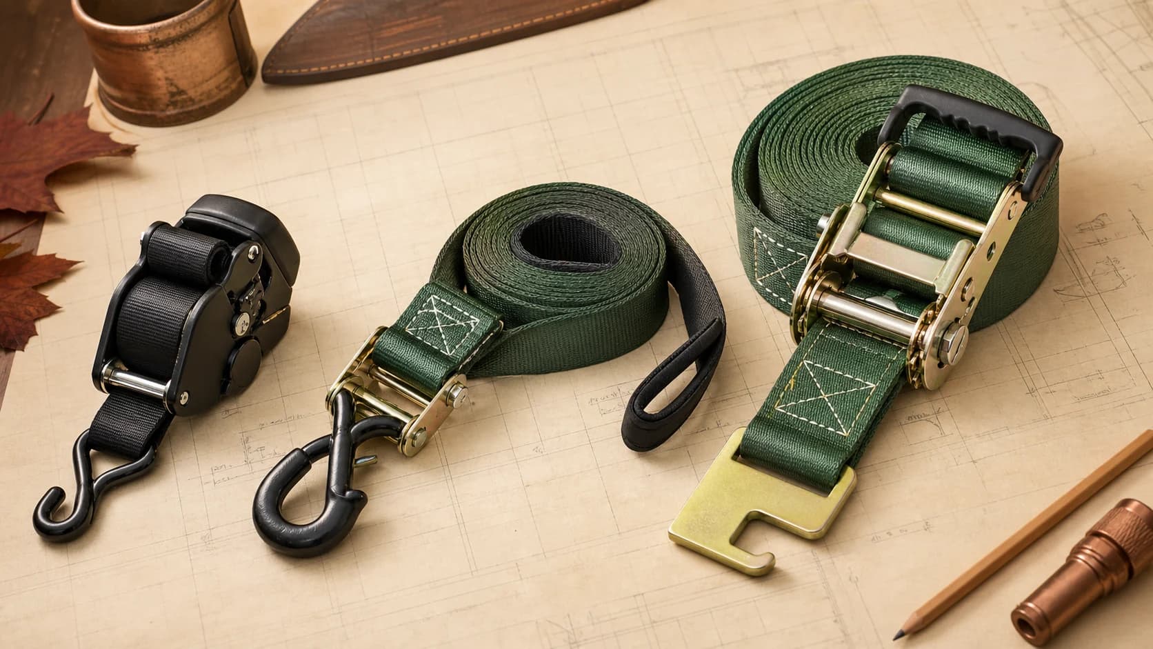 Original editorial still life of three generic ratchet strap formats on a warm technical workbench