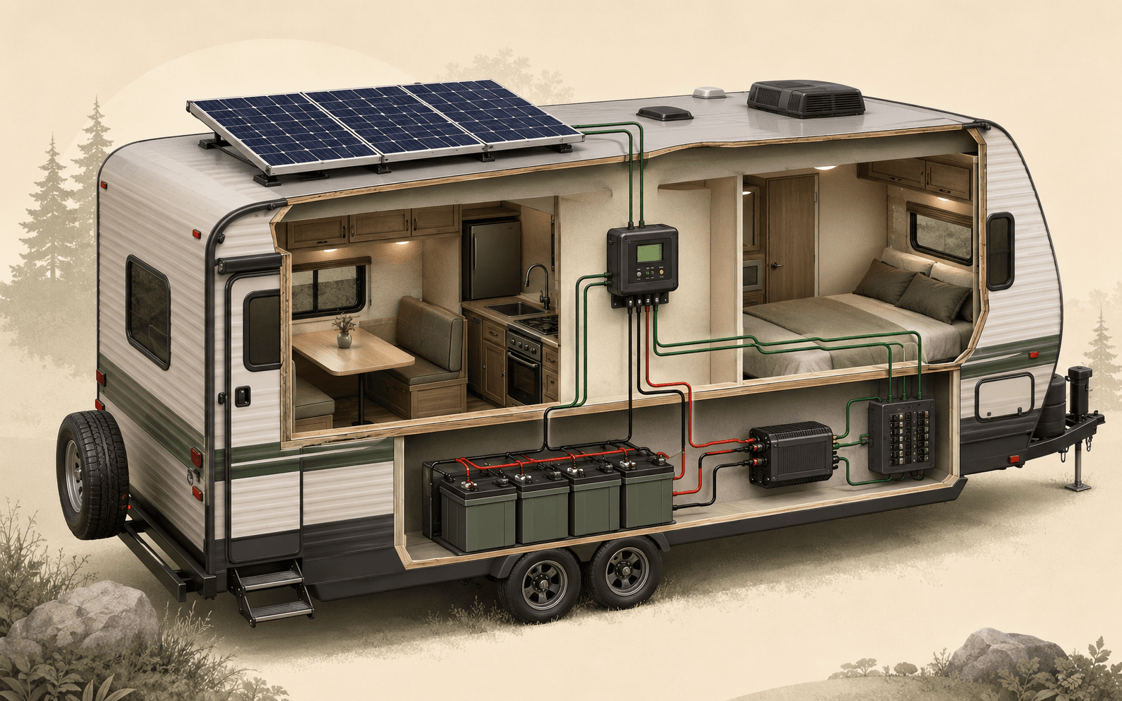 Cutaway illustration of solar panels, controller and RV battery bank