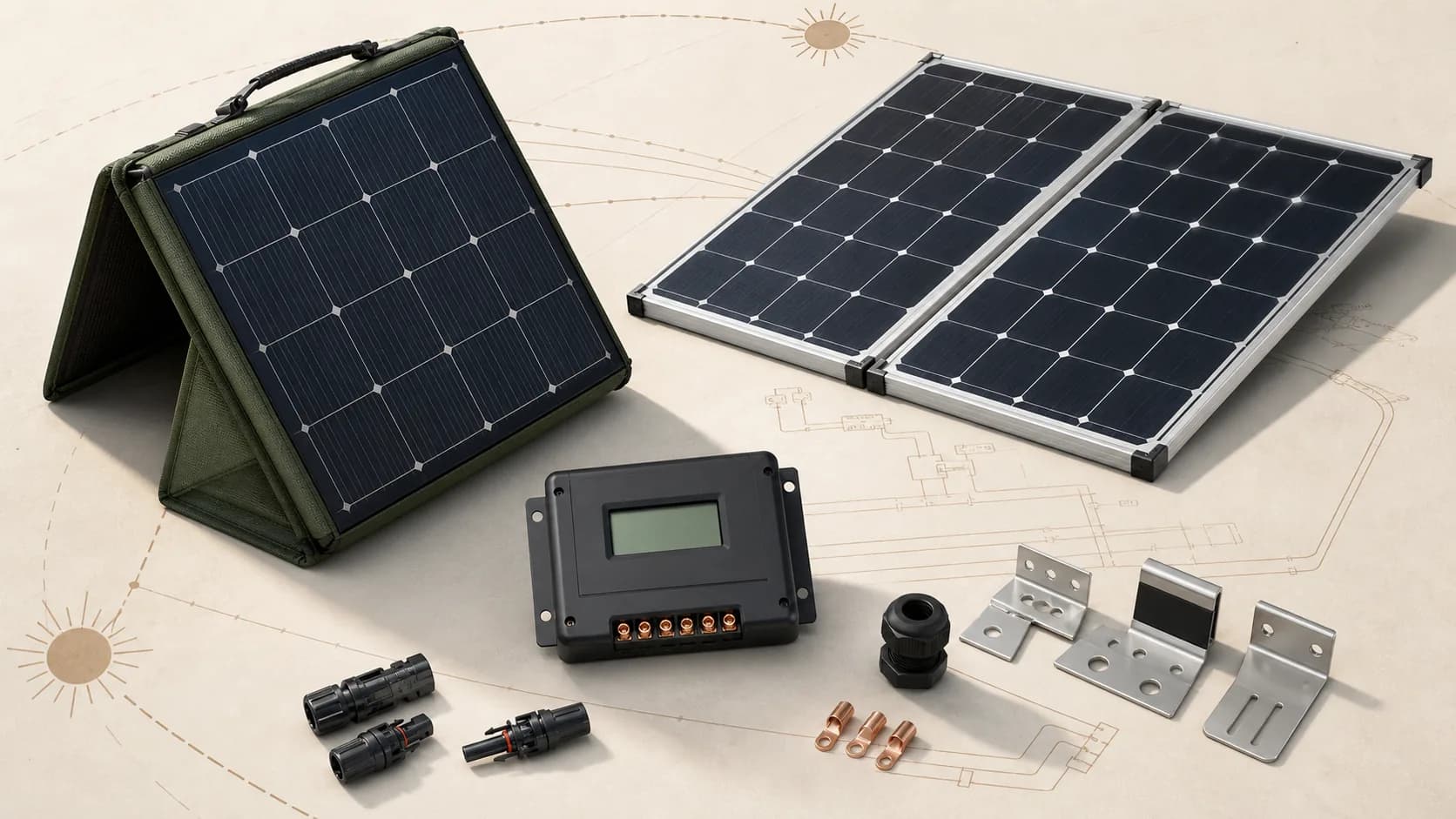 Generic rigid and folding solar panels with controller, connectors, and roof brackets on a technical workbench