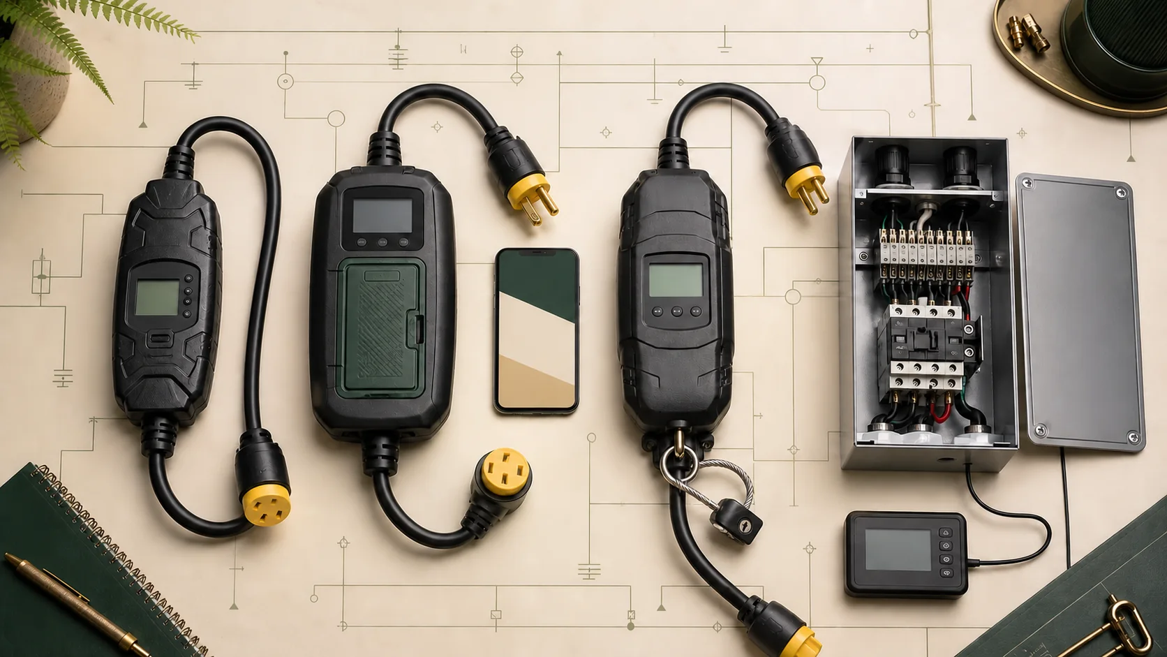 Original editorial still life of three generic portable RV electrical protectors and one hardwired management unit