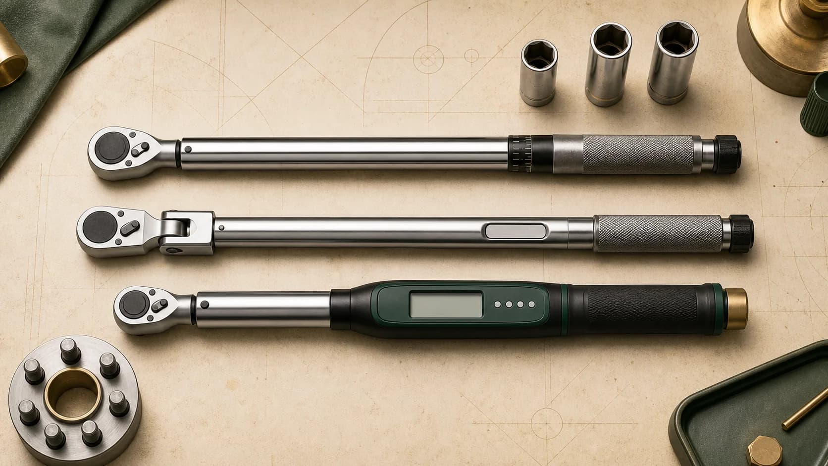 Original editorial still life of three generic torque wrench mechanisms with an unbranded trailer wheel