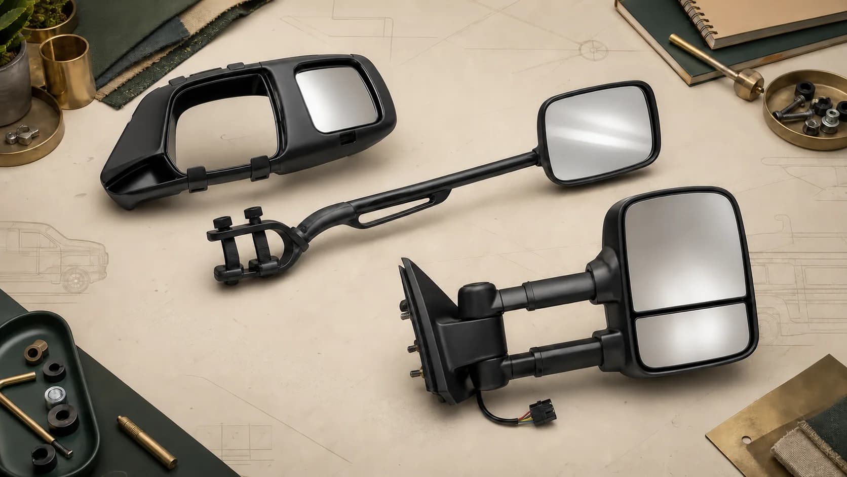 Original editorial still life of three generic towing mirror architectures beside an unbranded vehicle door