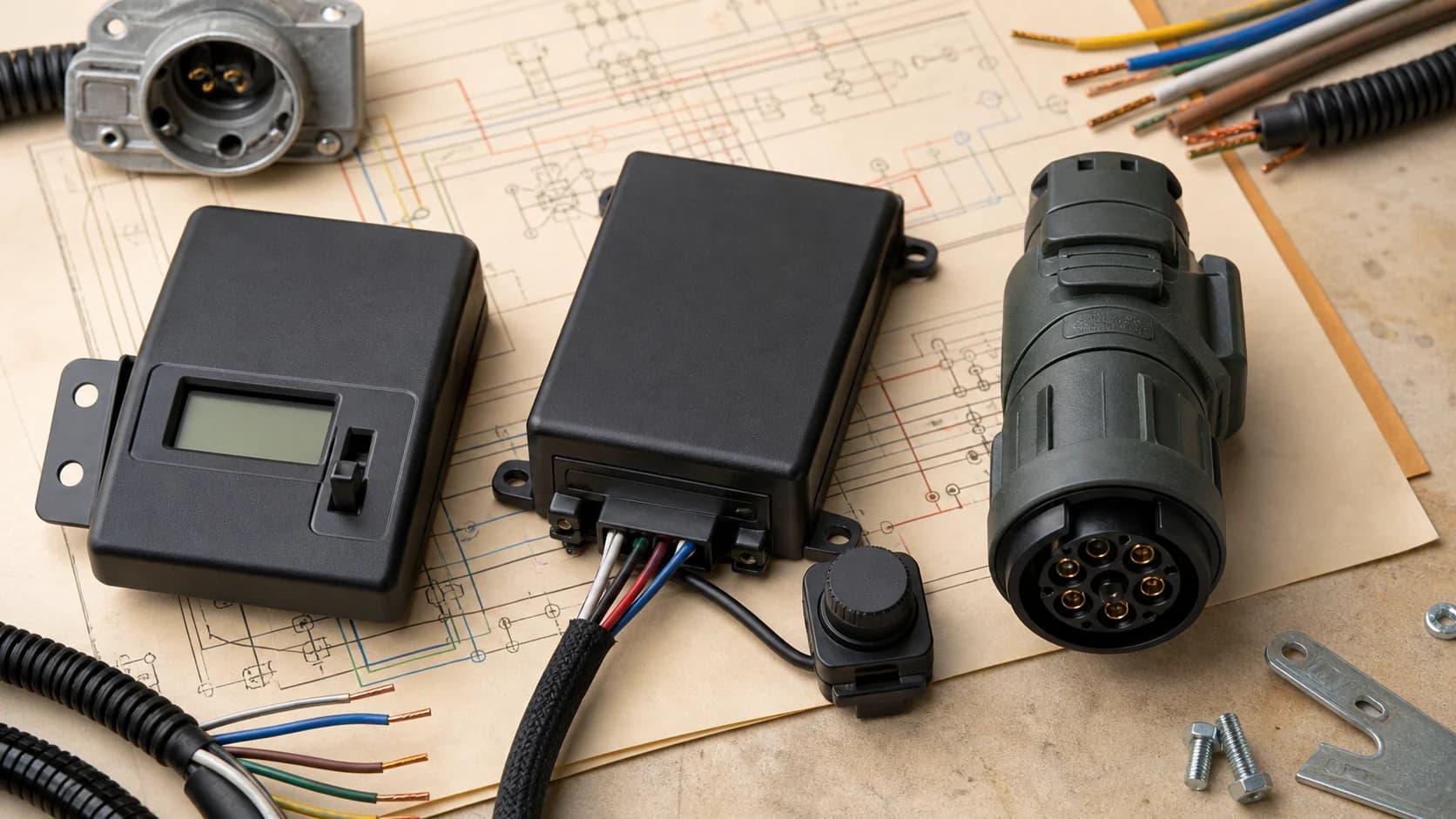 Original editorial still life of three generic trailer brake controller formats and wiring