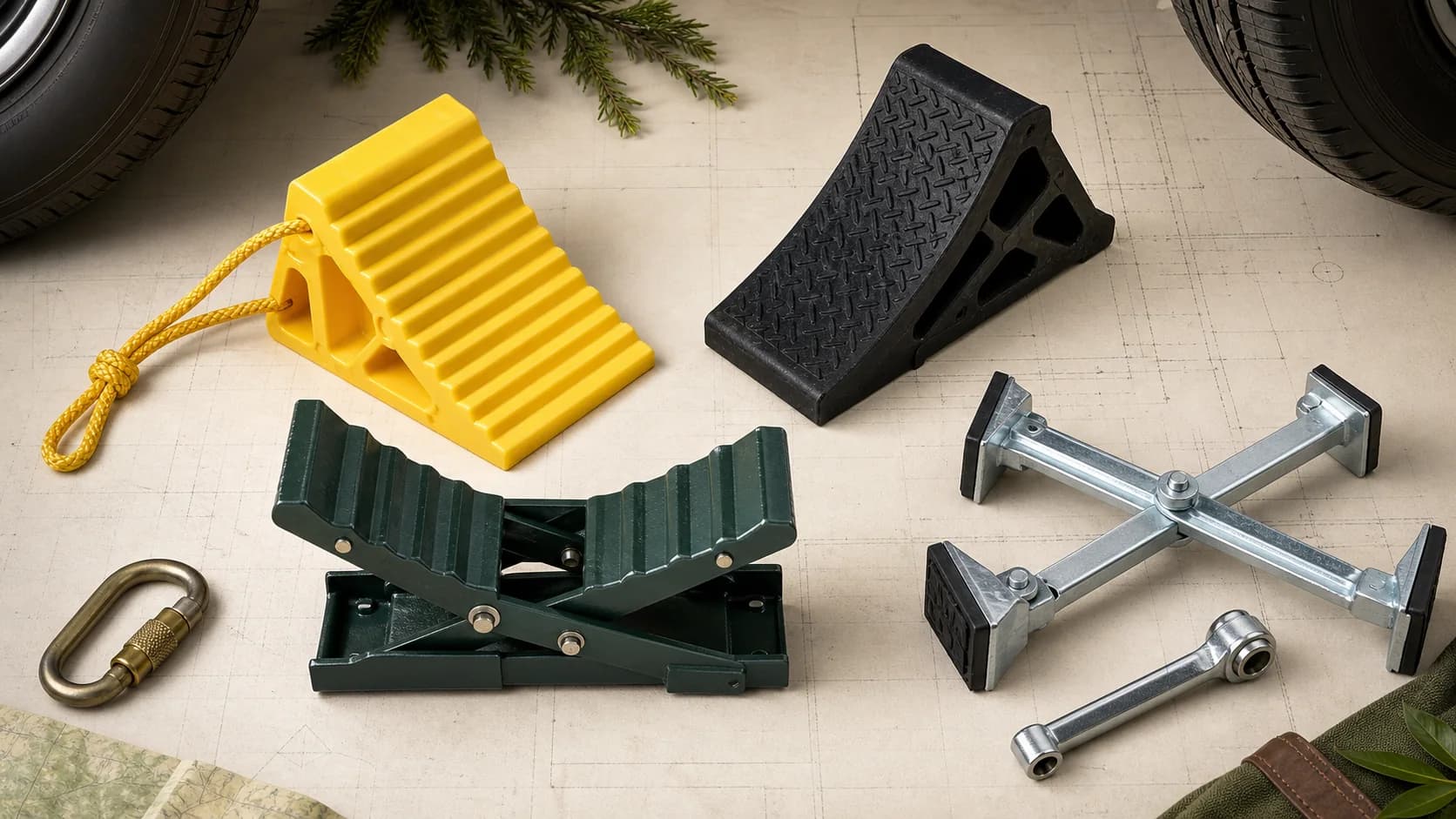 Original editorial still life of four generic wheel chock and tandem stabilizer formats