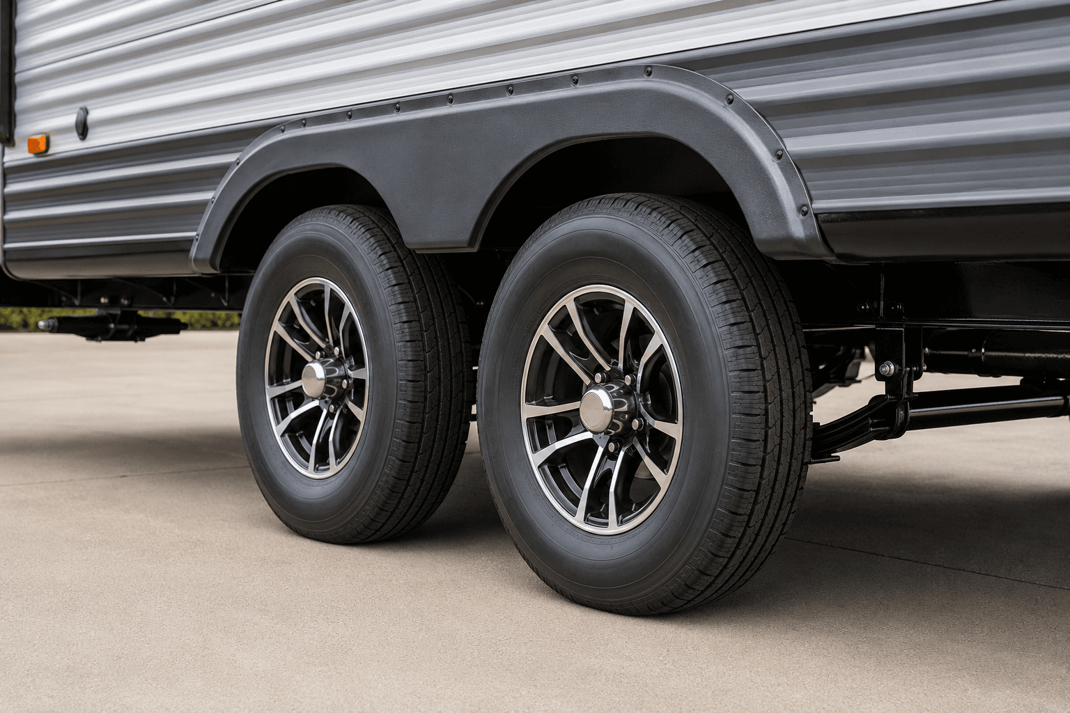 Tandem trailer tires and axle components viewed from the side